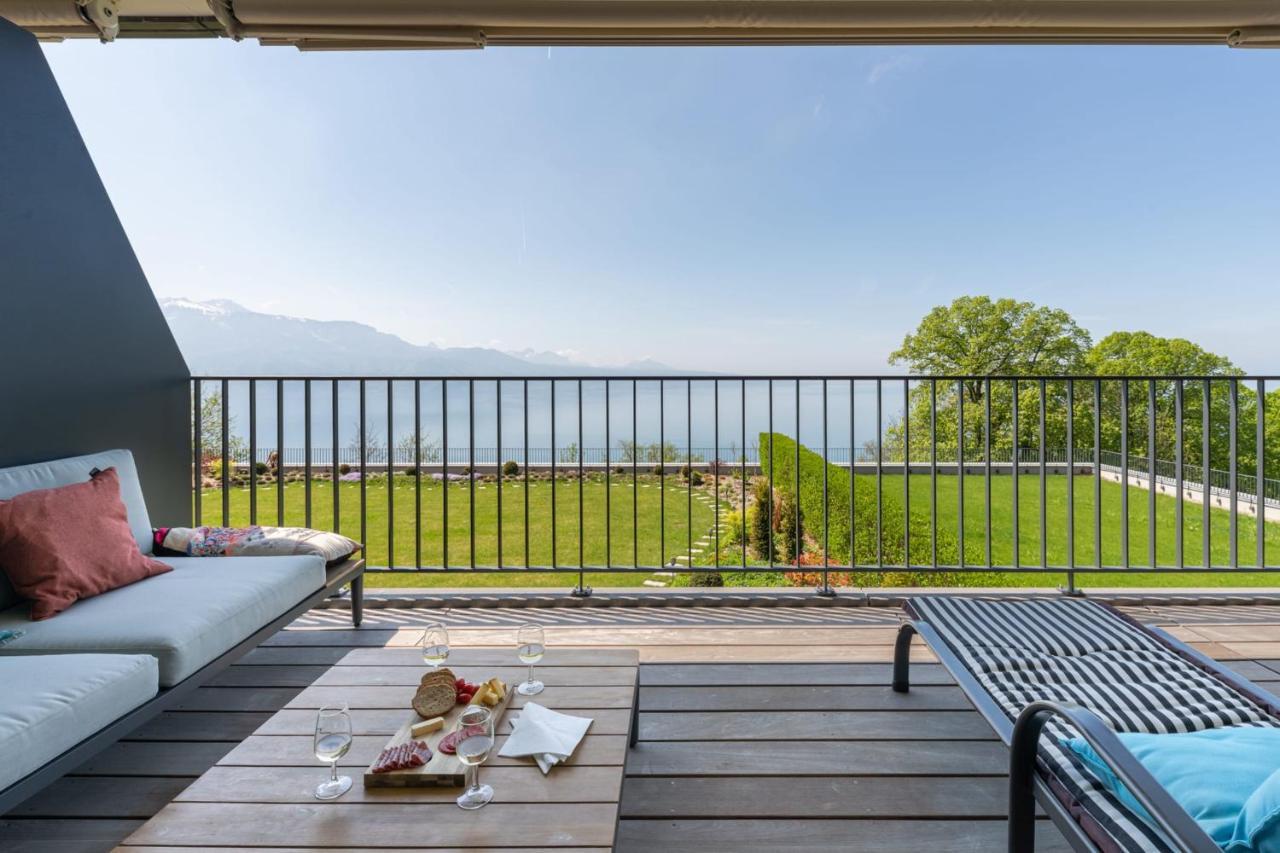 Les Terrasses De Lavaux 1 - Appartement De Luxe Avec Vue Panoramique Et Piscine Puidoux Buitenkant foto